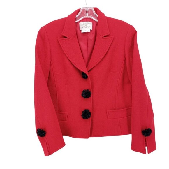 Teri Jon Rickie Freeman Vintage Red Wool Jacket Black Flower Buttons EUC Size 8